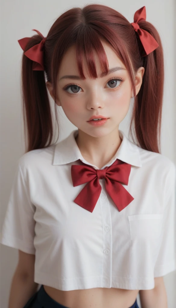 UltrarealismAccuracy, textured leather, Realistic anatomy,similar to Lyvlas 1 girl,girl, Breasts size A, blushing, twintails, ruby hair, bang, bang на глаза, front view, looks at the viewer, shyming, parted lips,Double tails, hair ribbon, Hood thrown back,schoolgirl uniform,anime style