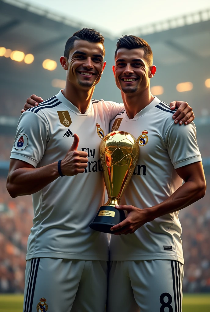 create an image of a player with the real Madrid shirt, straight black hair, with the real Madrid shirt with the name "Josué" and number 8, holding the golden ball with one hand and the other side has Cristiano Ronaldo and Josué hugs Cristiano with the other hand and Cristiano Ronaldo facing forward gives a thumbs up, Cristiano Ronaldo's height is 1.87, and Josué is 1.74 (Cristiano Ronaldo's clothes: a suit) (Josué's clothes: shirt from real madrid no tattoo) (realistic style)