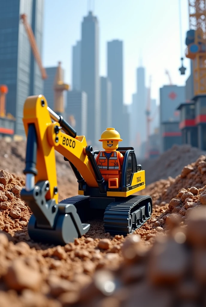 Lego minifig drive excavator at construction site behind the big city