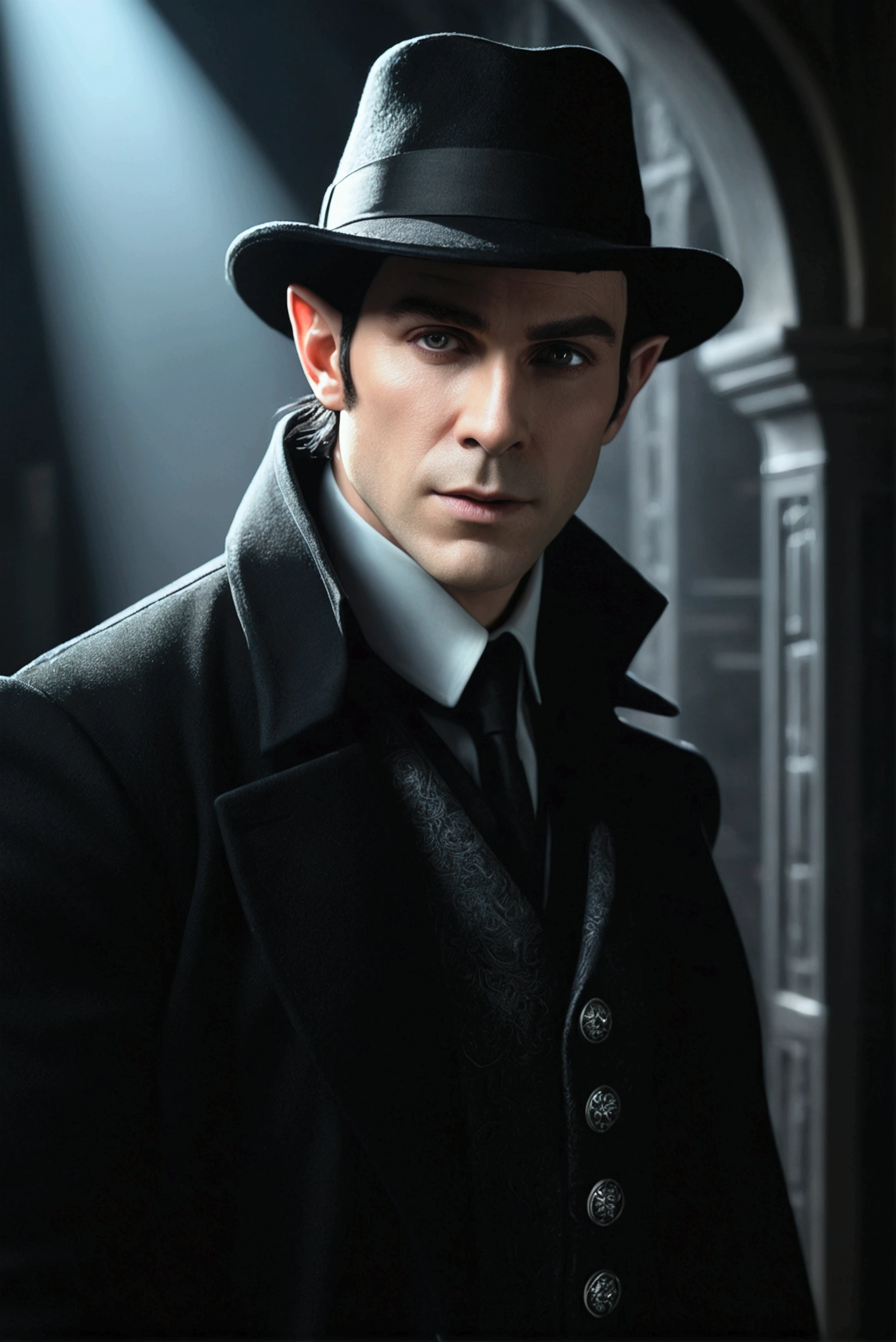 a male elf, pale gray skin, handsome, black hair, wearing investigator clothes, black clothes with a black overcoat and hat, silver eyes, highly detailed, cinematic lighting, dramatic atmosphere, dark fantasy, realistic, masterpiece, (best quality,4k,8k,highres,masterpiece:1.2),ultra-detailed,(realistic,photorealistic,photo-realistic:1.37),dark moody lighting,dramatic shadows,chiaroscuro lighting,dramatic pose,intricate details,cinematic composition,dark fantasy world
