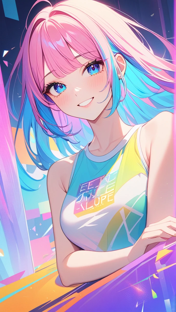masterpiece,bestquality,superwideangle,fingeraudience,1girl,pinkandbluehair,hand,cuteanimeface,tears,masterpiece,transparentcolorPVCclothing,transparentcolorvinylclothing,wholebody,glitchlump}onface,smile,mediumhair,filmgrain,lens_flare,colorful,chromaticaberration,dynamicpov,closedmouth,Intenseemotionalexpression:death,glitchart,ultra-detailed,extremelydelicateandbeautiful,albumcover,album,albumdescription,Pixilationonface,Doubleexposure,ChromaticAberration,Lightleaks,Noiseandgrain,Colordegradation,Glitchlettering,art,abstractart,geometry,clearlines,squares,bright,limitedpalette,{canonicalcomposition},neatdiagonalstripedbackground,{{bluewithwhitestripedbackground}},{limitedpalette},flatcolored,blueandwhite,
