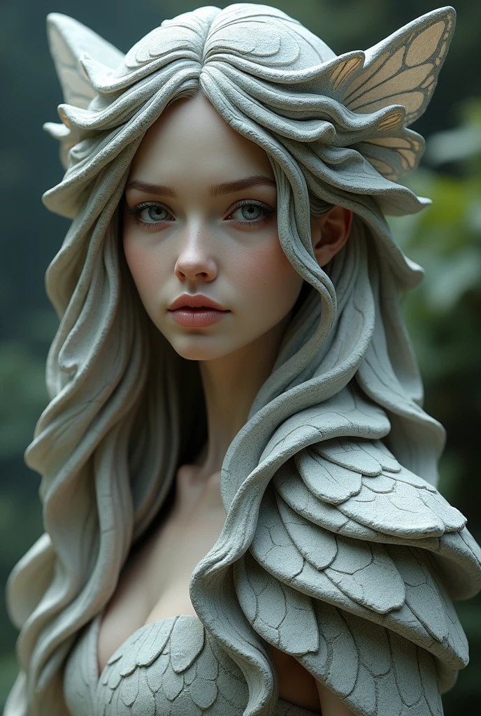 Sexy girl with long butterfly layers hair turned into stone