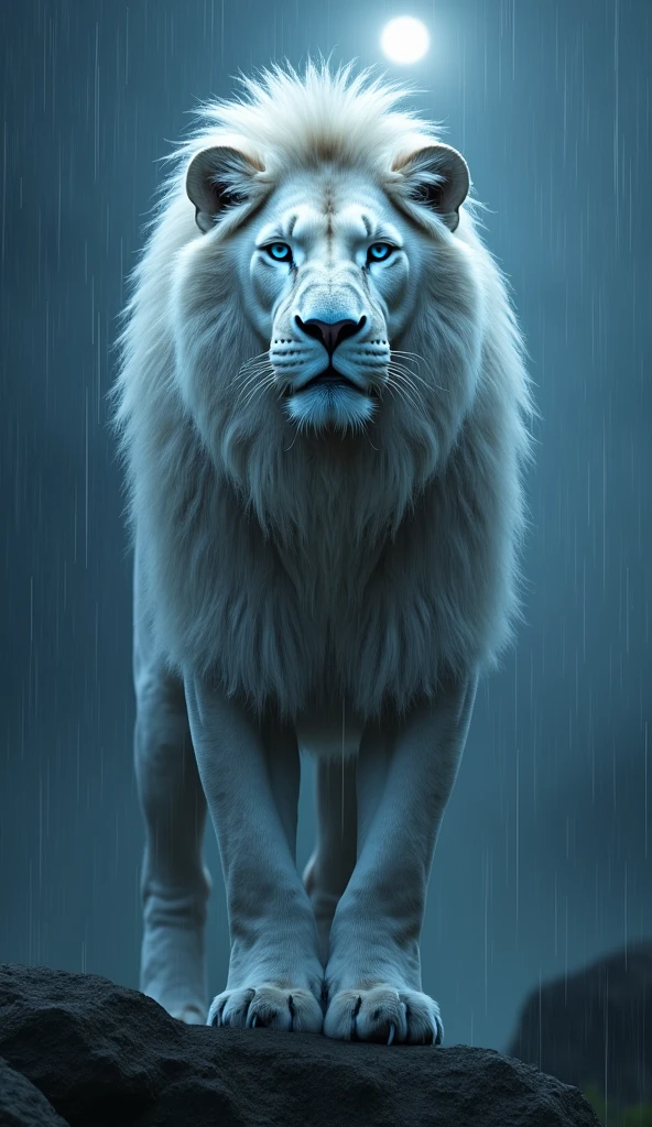 Stunning White Lion of Judah, blue eyes photo in 8k, in action, cinematic raining at night, moonlight add improvements