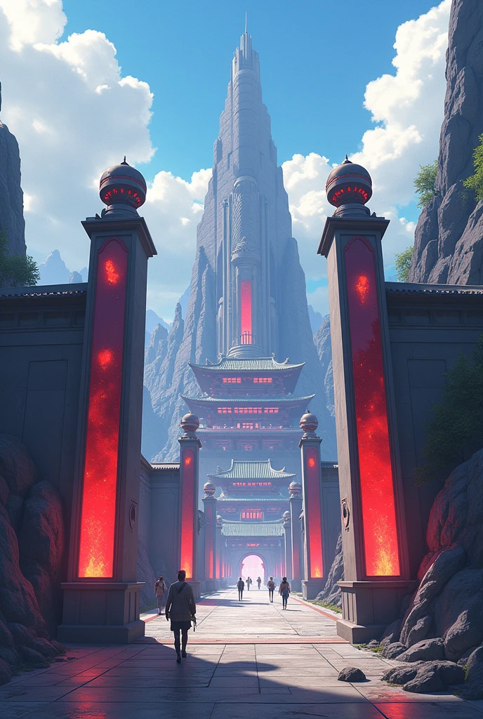 Anime city with walls at a checkpoint and giant pillarrs along the walls with red glowing stones on top surrounding the entire city