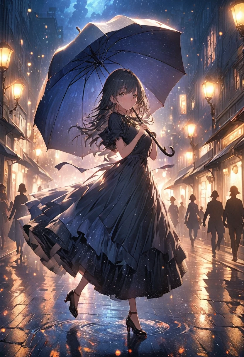 masterpiece, Best Quality, Extremely detailed CG unity 8k wallpaper, A rainy night city. A silhouette illustration of a girl dancing without an umbrella. It looks like it is illuminated like a spotlight by the street lamps and the moonlight.. The city is depicted realistically with accuracy, high definition detail. The focus is on the girl and the background is out of focus. Octane rendering style. Light particles everywhere.