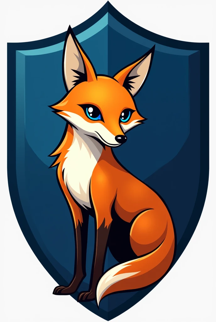 Create a logo brand with an orange fox drawn in front of a blue shield