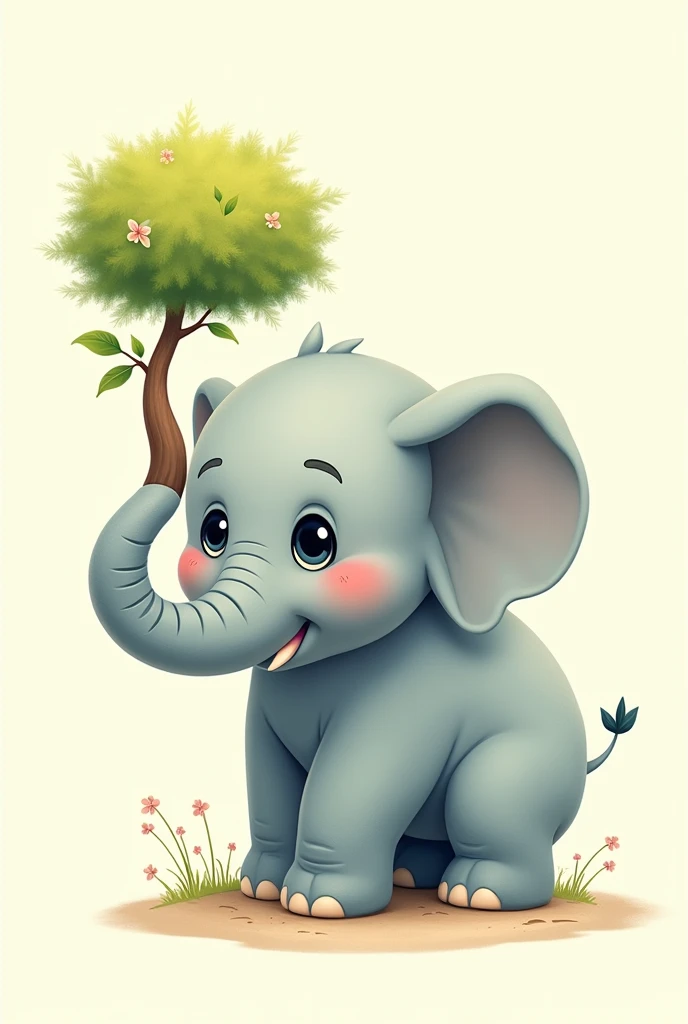 Create a cartoon elephant with a tree in its trunk
