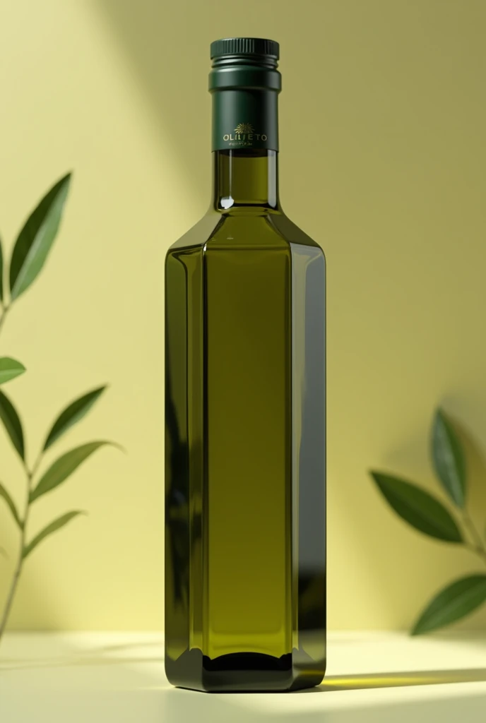 Realistic dark transparent green slim oil bottle with octagonal base and body for mockup, I want the same bottle of Olivetto brand extra virgin olive oil