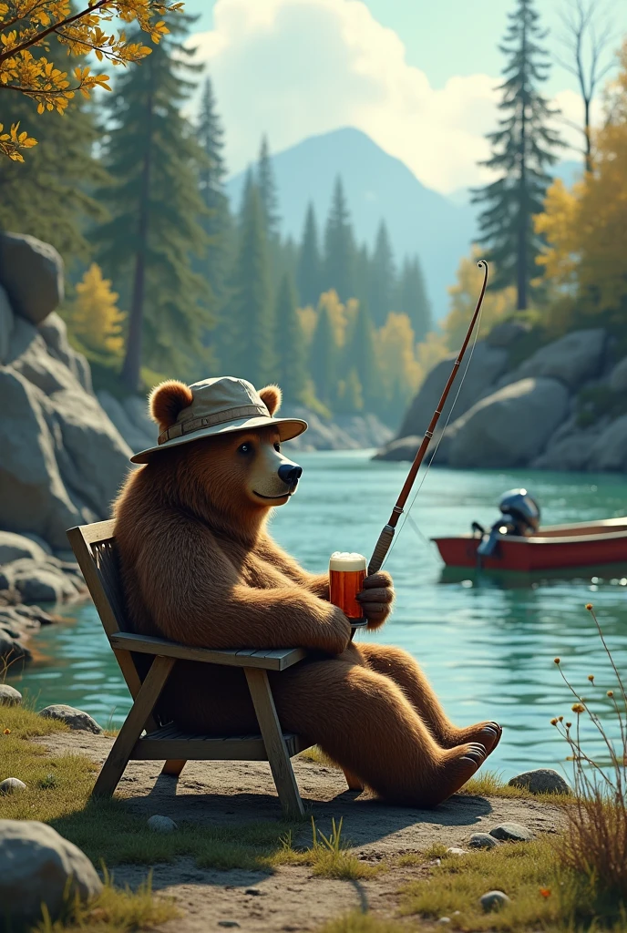 A fishing bear with his fishing rod, well-defined:1.3, sitting on a chair by the river, holding a fishing rod, drinking a beer, wearing a bucket hat, boat nearby, surrounded by a forest and rocks, extremely detaild, funny, surreal satirical scene.
