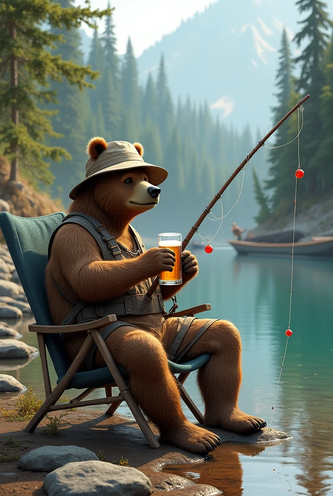 A fishing bear with his fishing rod, well-defined:1.3, sitting on a chair by the river, holding a fishing rod, drinking a beer, wearing a bucket hat, boat nearby, surrounded by a forest and rocks, extremely detaild, funny, surreal satirical scene.