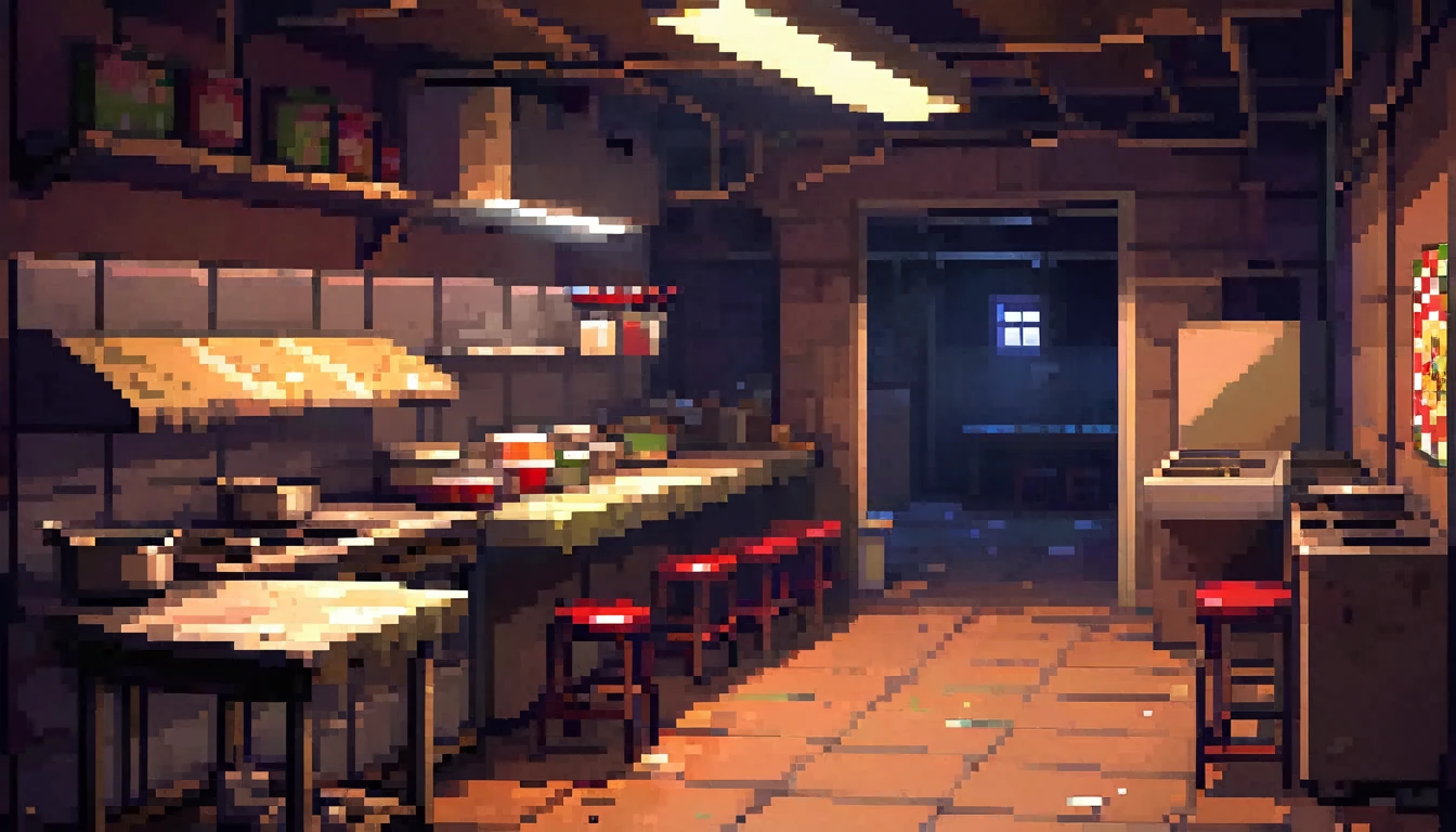Create an indoor scenario of a pizzeria at night (the pizzeria is from the game Five Night at Freddy's, and it is mandatory to be at night), in pixel art style. The scenario must represent a straight corridor, seen in a side-scrolling view, like a top-down game, as in a platform game. The pizzeria is closed, so the environment must be dark, empty and devoid of vegetation. There must be no presence of bushes, trees or anything related to external environments. Lighting should be minimal, with deep shadows, reflecting a sad and melancholy atmosphere. The hallway must have details that suggest abandonment, such as fallen papers, overturned chairs and torn posters. Think of a warehouse or abandoned room, without any countertops or signs of recent use, just showing the state of decay and disuse.