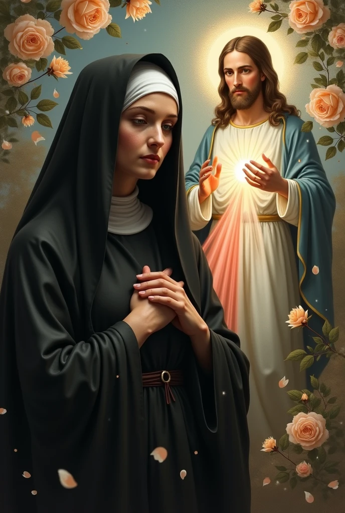 create image of Saint Rita of Cassia in black robes with Jesus Divine Mercy surrounded by many light roses 