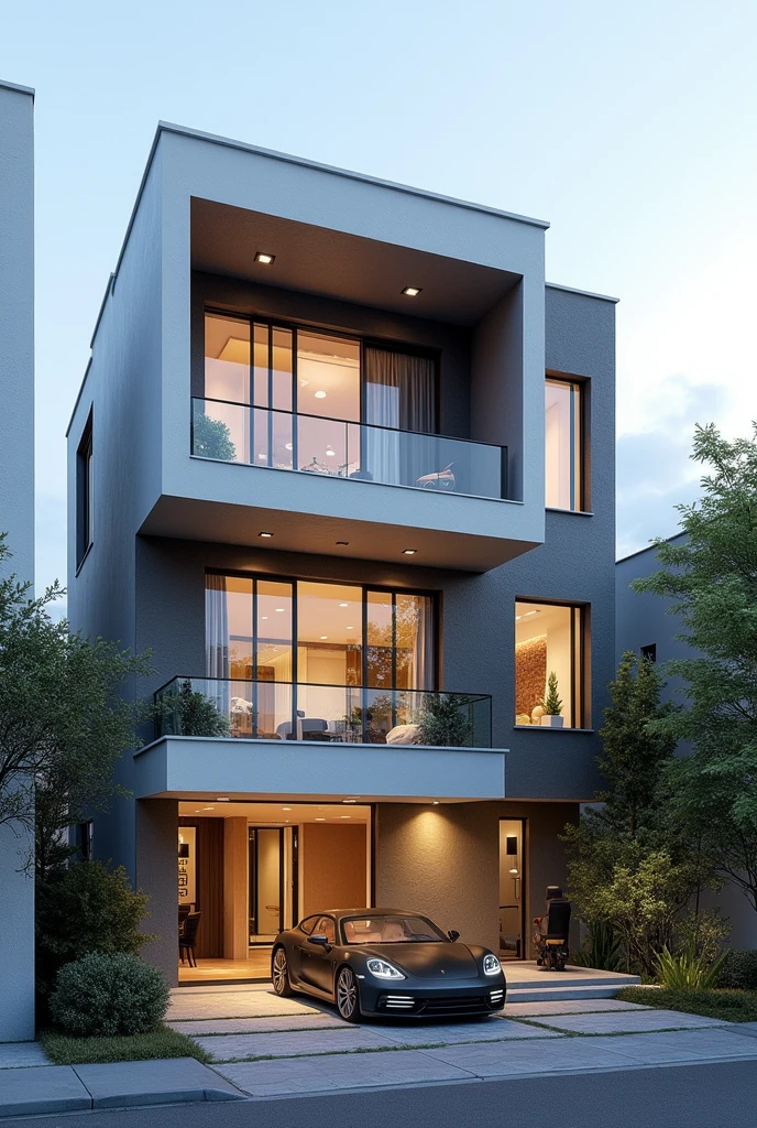 duplex moderne avec de niveaux construit sur 10m de large . avec un balcon et une façade realiste