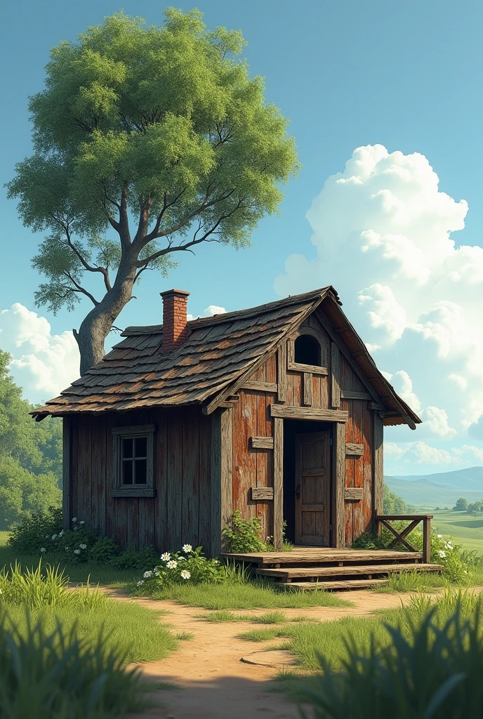 shack and a tree in the background