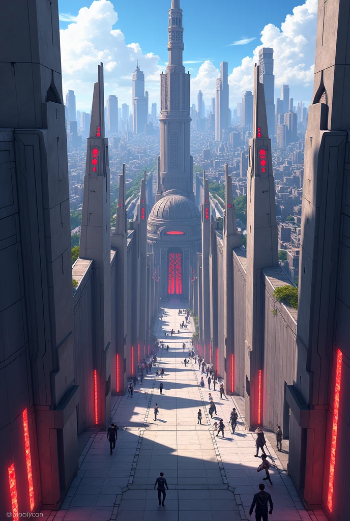 Anime modern city with walls at a checkpoint and giant pillarrs along the walls with red glowing stones on top surrounding the entire city