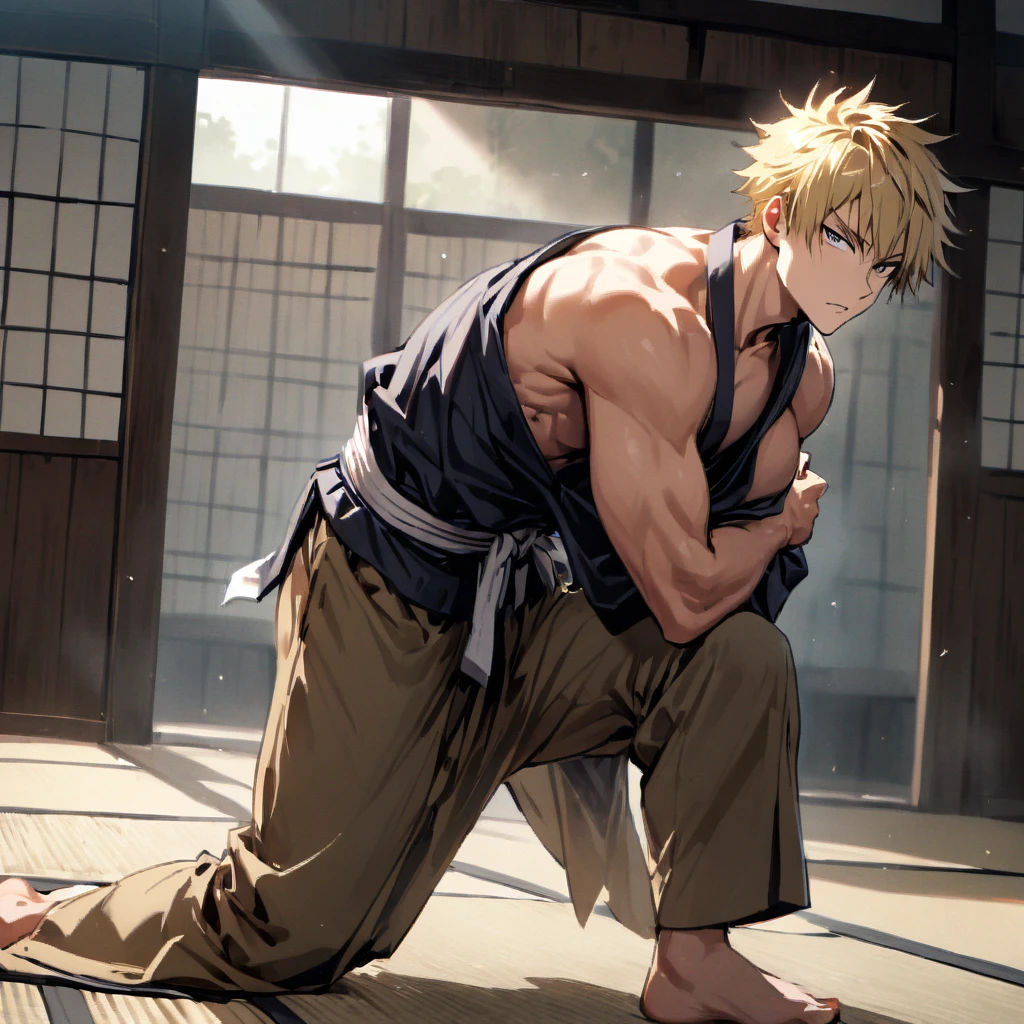 1boy, masculine , blond hair, fighter, shirtless, fushiguro toji clothes, dojo , looking at the viewer