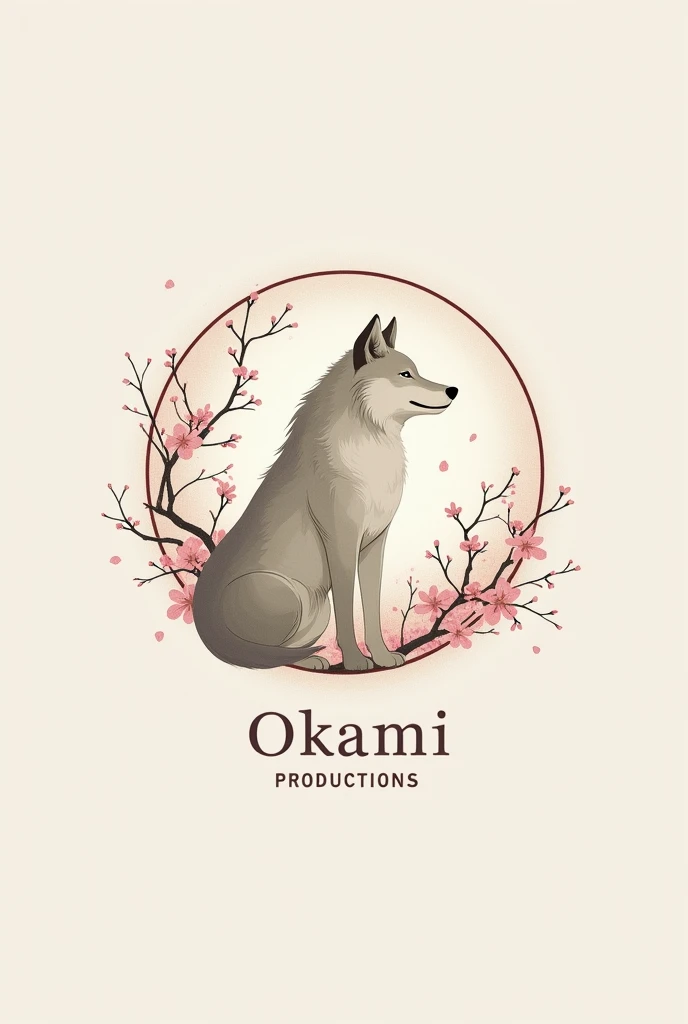 Logo for photography business named Okami Productions. Include a minimalistic wolf, business name, and sakura flowers in the logo. Make logo circular.