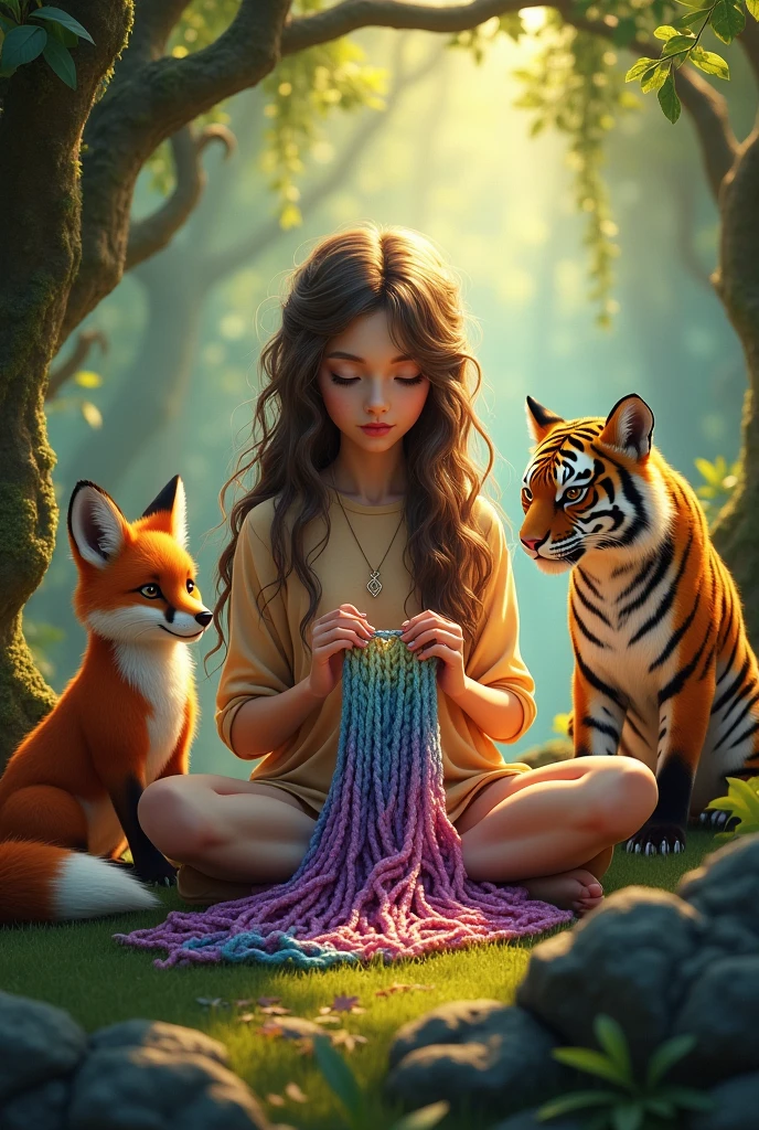 A young witch knitting with two pets: A fox and a tiger