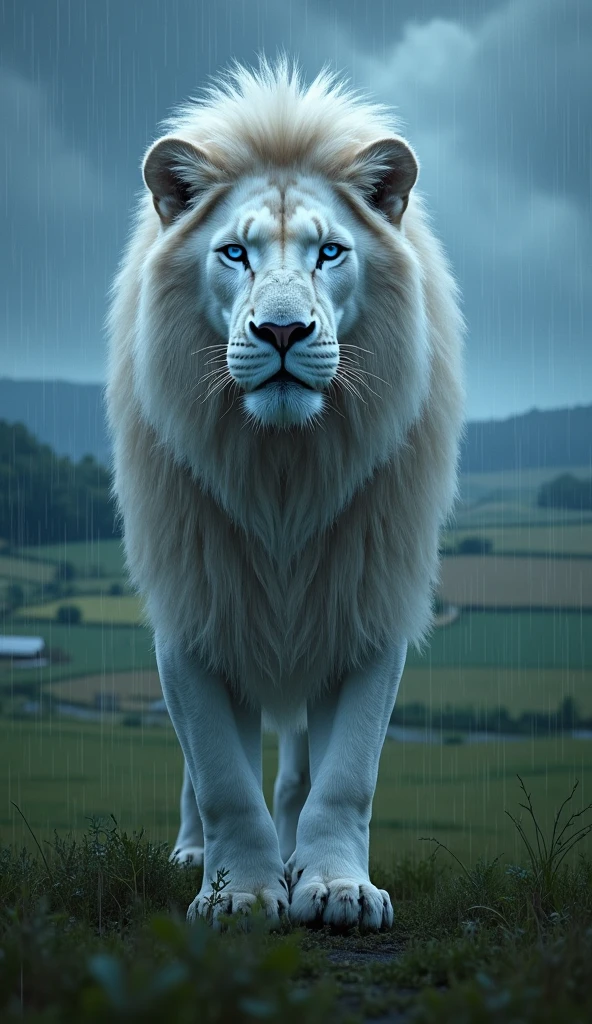Stunning White Lion of Judah, blue eyes on a very big and beautiful farm, vivid colors 8k photo, in action, cinematic raining at night, moonlight add improvements