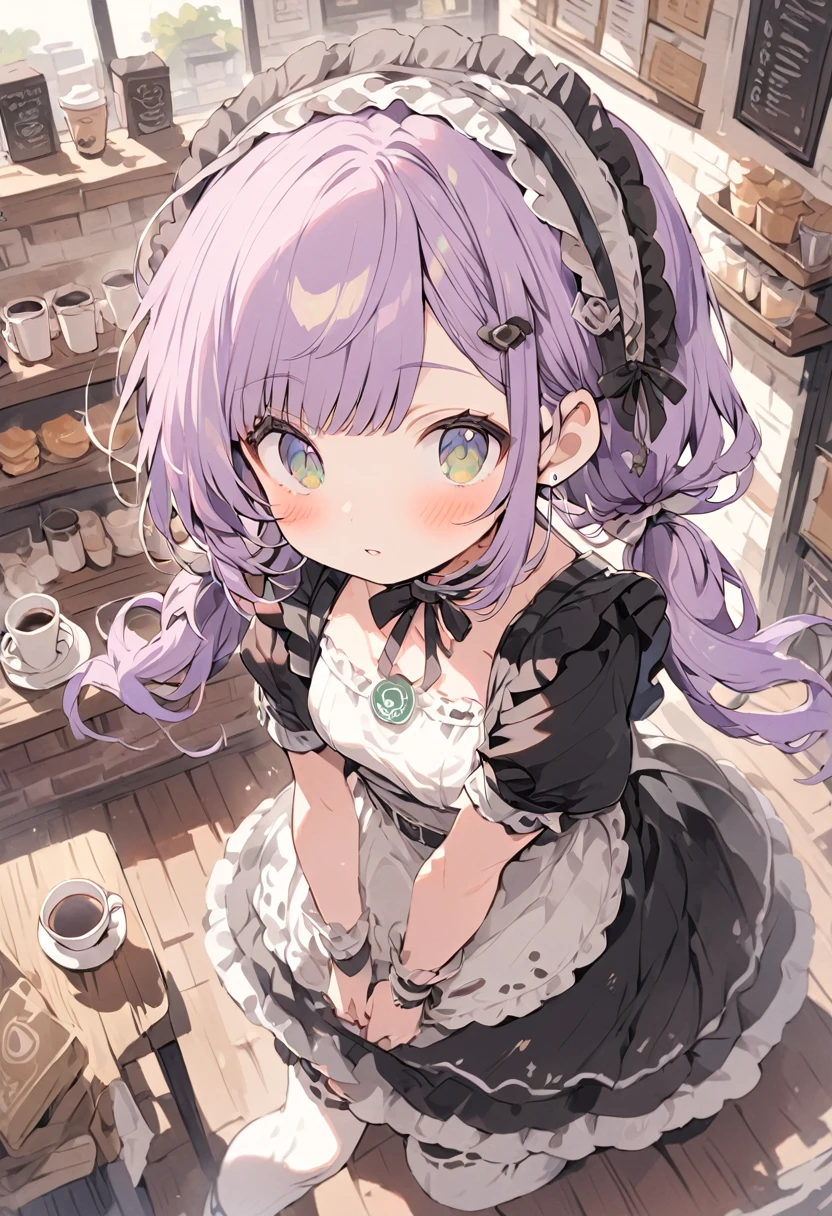 ((best quality, high resolution)), (delicate illustration), (vividcolor style illustration:0.9), (watercolor style illustration:0.4), ((beautiful:1.3)), 4k,

(((1 beautiful woman))), small breasts:0.7, dark green eyes, (blush), ((Black maid outfit, white knee-high socks,)), low-twintails Hair, pale purple hair, (((A coffee shop with a retro atmosphere.:1.3))), ((glance upward at viewer)), cowboy shot, 