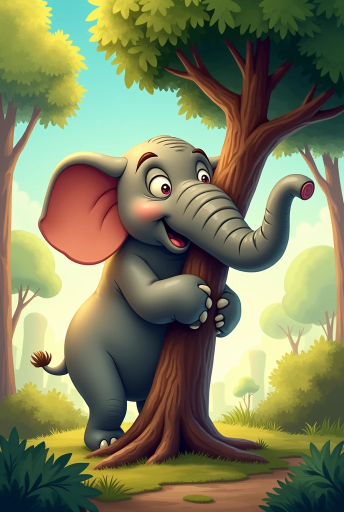 Create a cartoon elephant lifting a tree using its trunk 