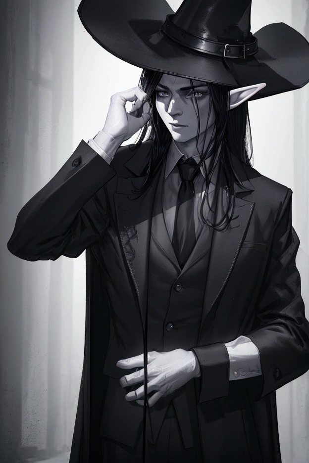a male elf, pale gray skin, handsome, black hair, wearing investigator clothes, black clothes with a black overcoat and hat, silver eyes, highly detailed, cinematic lighting, dramatic atmosphere, dark fantasy, realistic, masterpiece, (best quality,4k,8k,highres,masterpiece:1.2),ultra-detailed,(realistic,photorealistic,photo-realistic:1.37),dark moody lighting,dramatic shadows,chiaroscuro lighting,dramatic pose,intricate details,cinematic composition,dark fantasy world