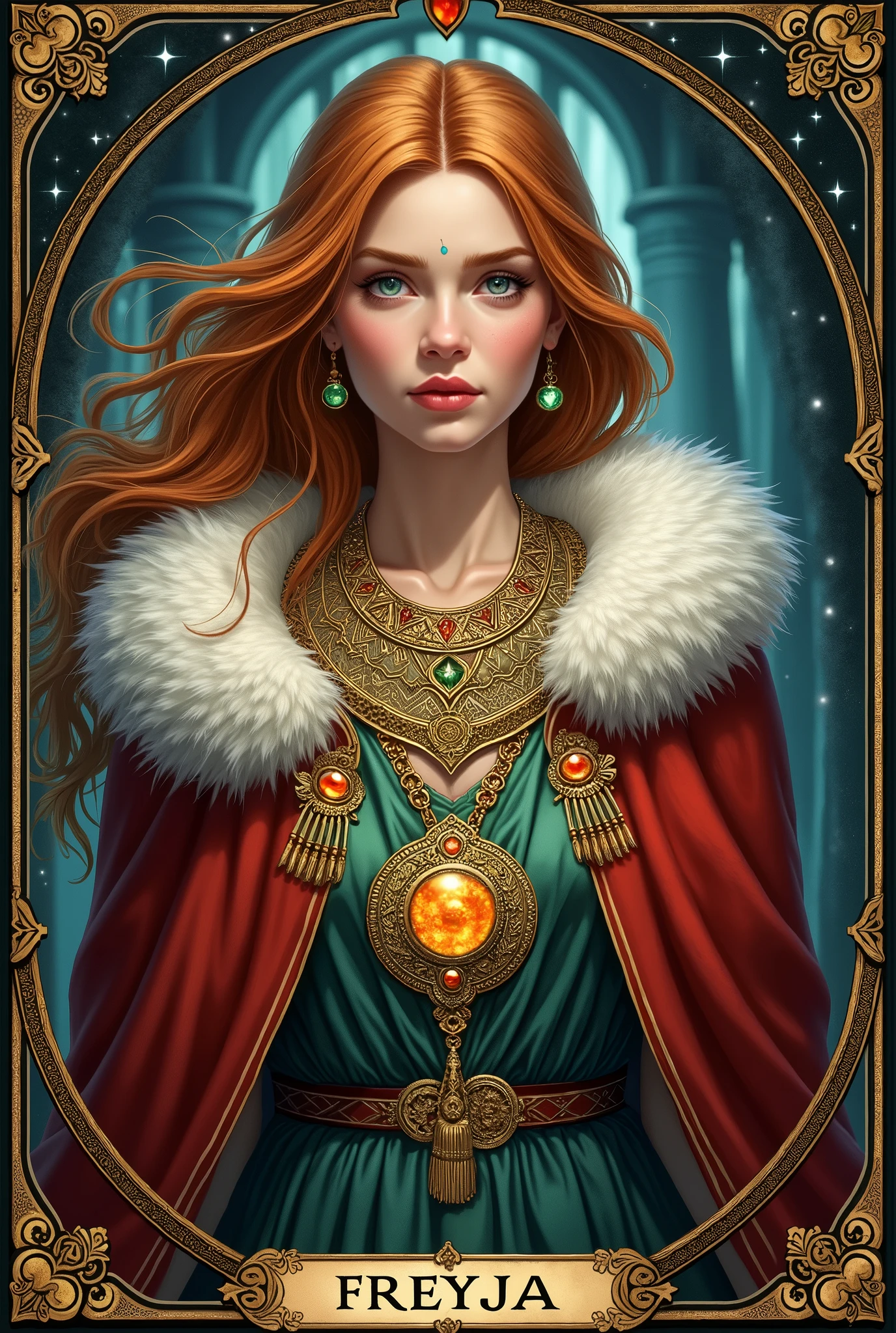 Illustration of the Norse goddess Freyja in her cloak of falcon feathers, wearing an elaborate Viking necklace of gold and jewels. Tarot card style.