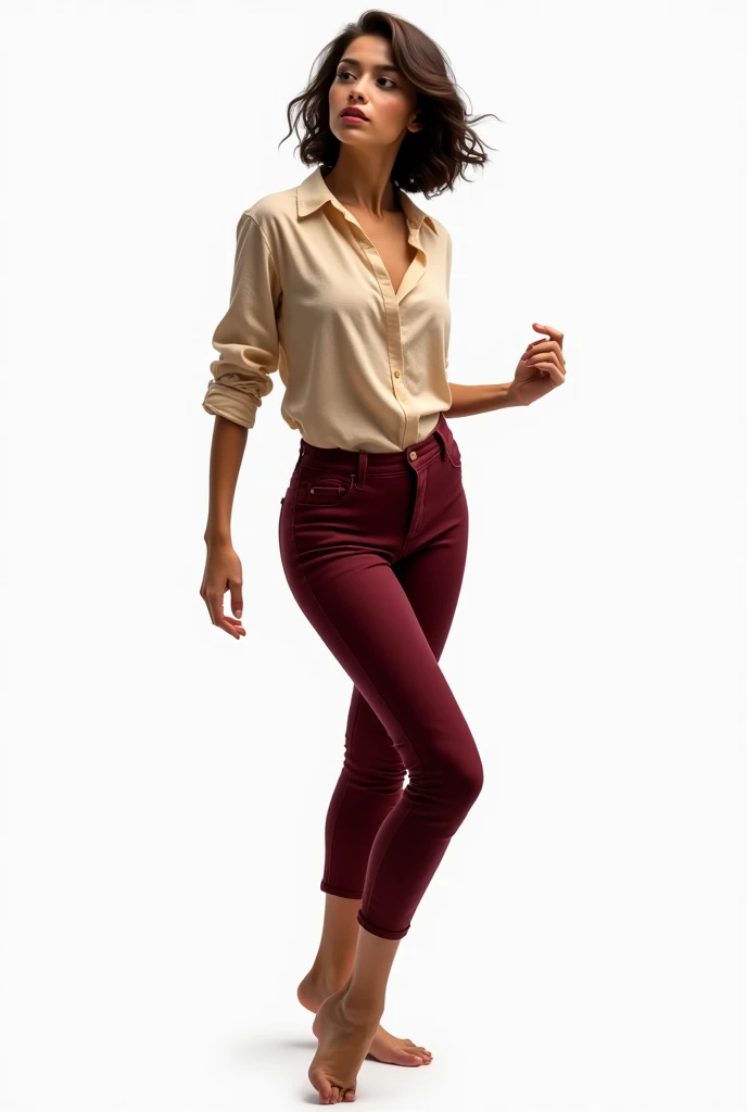 contemporary dance dancer, ballet and jazz, with PNG background, The woman has a light brown complexion, stomach 1.72, long limbs, big nose, medium lips, almond-shaped brown eyes, short hair at shoulder length and wavy, with contemporary clothing wine pants and a loose beige shirt, She looks very comfortable and free and she is not animated, she is real., Mexican factions 
