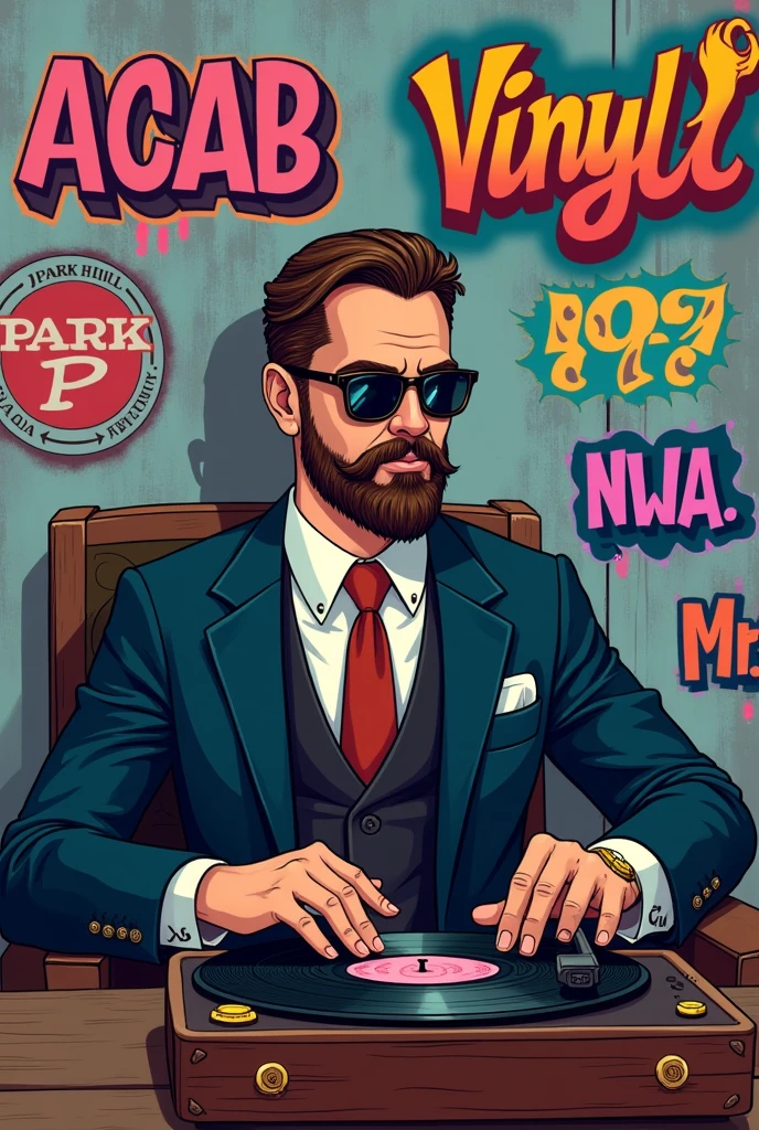 a gentleman in a noble suit wearing sunglasses, has a gold watch on his wrist, who has a well-groomed beard, beautiful hair combed back and no braid, und eine schalplatte spielt auf dem schalplatterspieler soLL MrVinyLP stehen in form eines lustigen zeichentricks aus den 80er jahren der hintergrund sollte eine graue Hauswand sein mit verschiedenen Graffitis mit der aufschrift MrVinyLP, aCaB, Park Hill, 187, n.W.a, in different colors