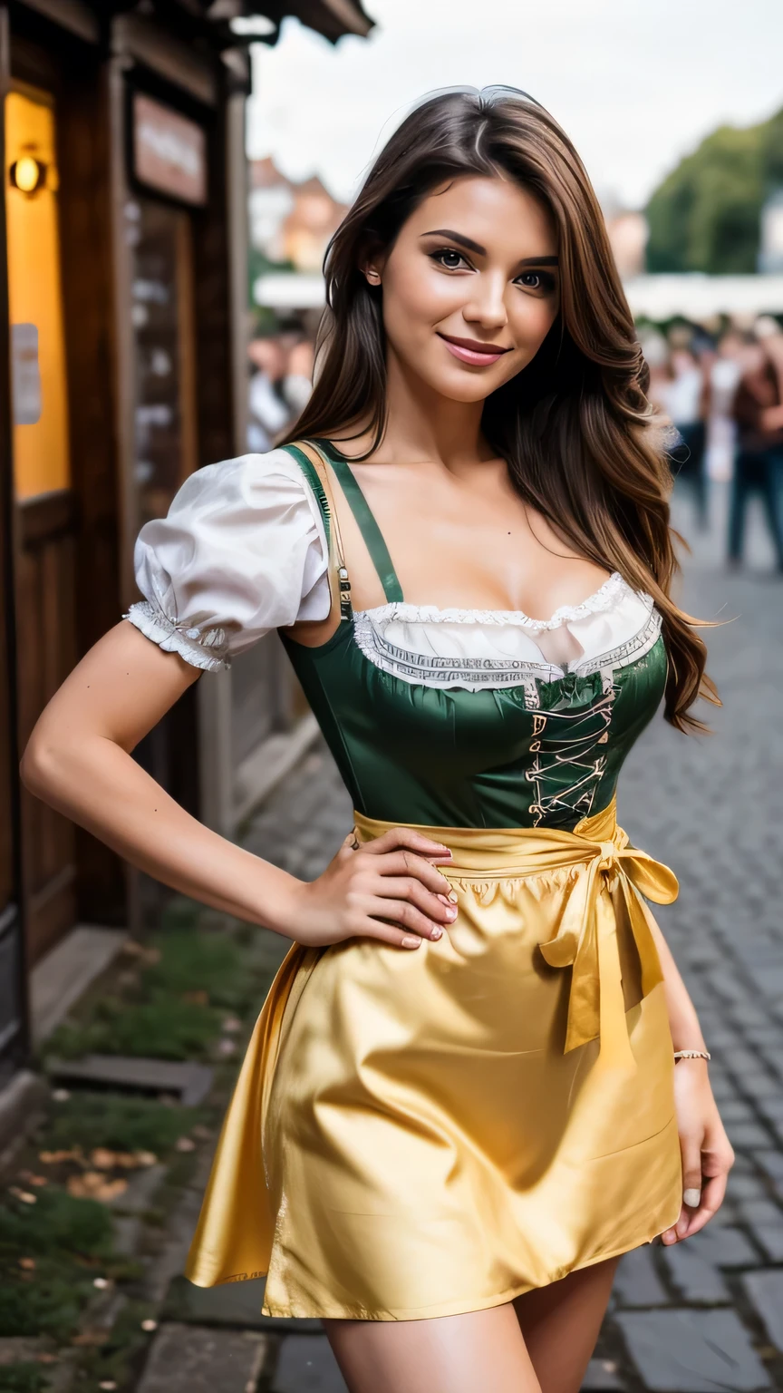 Realistic full body photo of a smiling brunette woman with long hair, She dances in front of the camera in a yellow cotton dirndl with straps and a silver satin apron, fine fabrics, Park,glamour fotoshooting, Wedding celebration, perfect anatomy, perfect brown eyes. Perfect hands with 5 fingers on each hand, Matching girl, looking at the camera, 1 Frau. (Eye make up:1.1), (highly detailed skin:1.1), spirit, analog style, keen focus, 8K UHD, dslr, good quality, Fujifilm XT3, Grain, Award-winning, masterpiece. oktoberfest