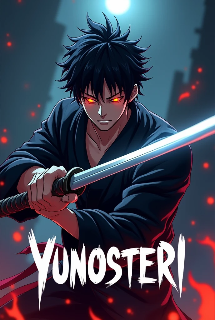 man with black hair and his eyes are glowing who is im a foghting pose with a katana in the night in anime style and under him the word yunosteri