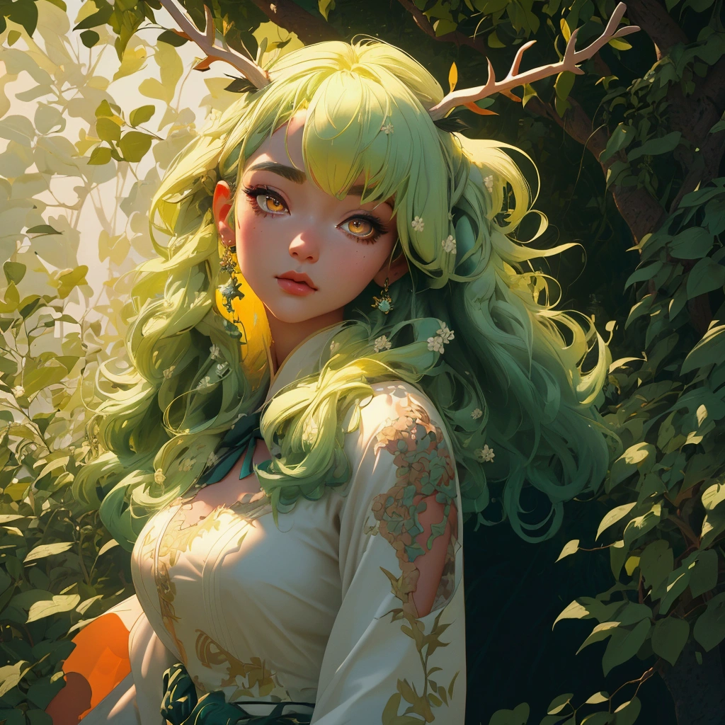 envision a 8k, highres, cinematic, close up beautiful portrait of a soft curvy Kirin girl named Ceres Fauna with long green hair, deer antlers, Orange eyes, in a white nature dress, surrounded by nature wrapped in vines against a dark gray background