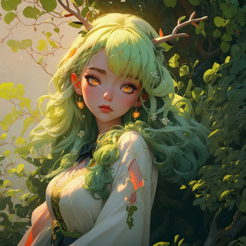 envision a 8k, highres, cinematic, close up beautiful portrait of a soft curvy Kirin girl named Ceres Fauna with long green hair, deer antlers, Orange eyes, in a white nature dress, surrounded by nature wrapped in vines against a dark gray background