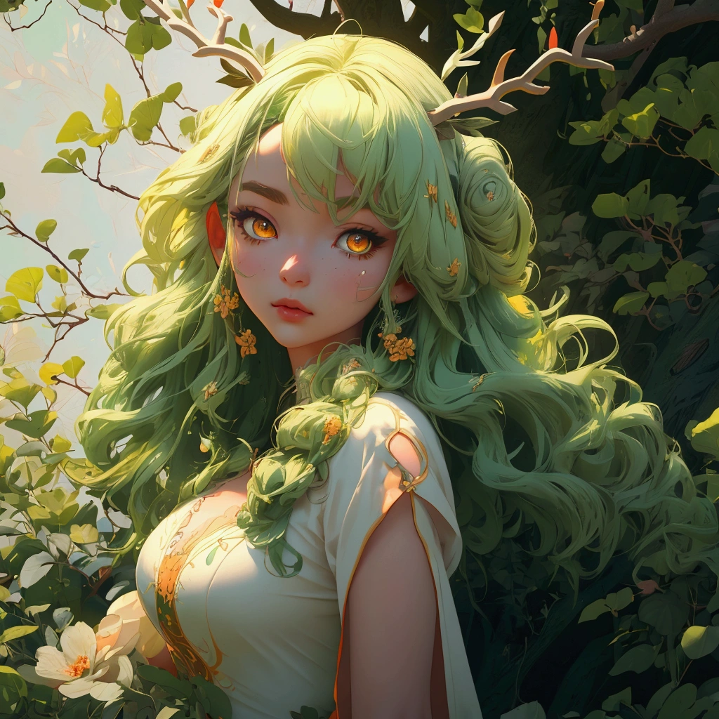 envision a 8k, highres, cinematic, close up beautiful portrait of a soft curvy Kirin girl named Ceres Fauna with long green hair, deer antlers, Orange eyes, in a white nature dress, surrounded by nature wrapped in vines against a dark gray background