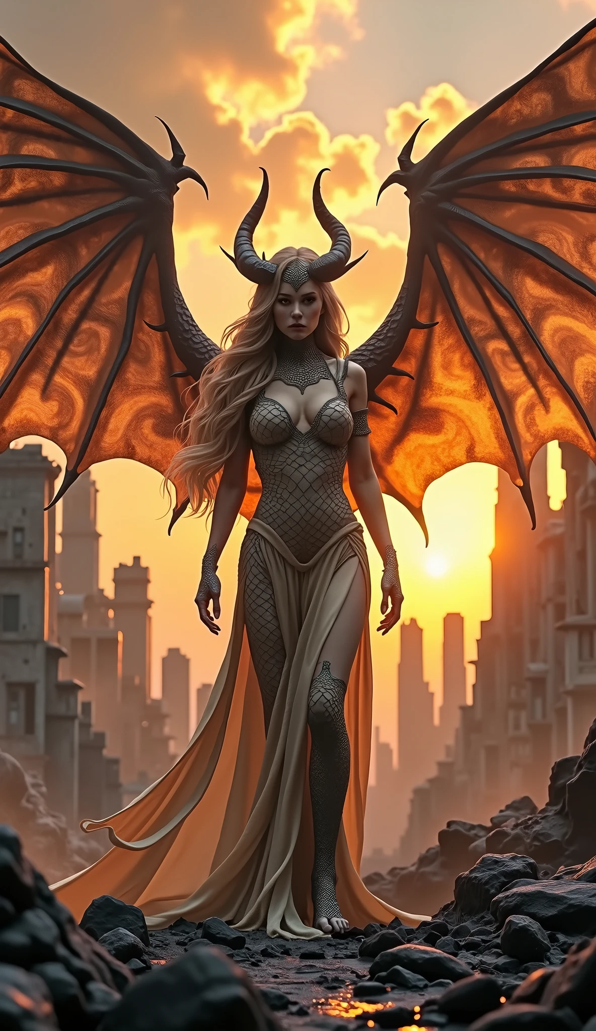 woman with dragon scales, with wings, in a city in ruins, at sunset