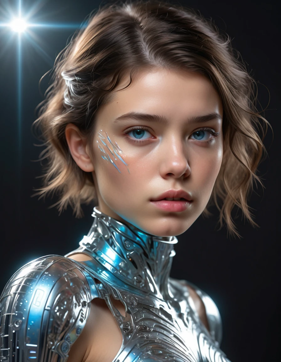 arcane videogame character style **** astrid berges frisbey, game character concept, futuristic gun.(best quality, highres:1.2), (ultra-detailed, extremely detailed), full body of a mixed-race girl, in the style of Vray render, Eduardo Cucuel, and Miki Asai. The girl has a short hairstyle and is illuminated by soft lighting. She is captured from a low angle, with her face shining with a silver and light blue hue, Triadic-Colors, Head and shoulders, sozinho, Realistic, fotorrealista, Best qualidade, master part, 超A high resolution, finamente detalhado, qualidade, Realistic lighting, pele detalhada, detalhes intrincados, Foto RAW, absurdos, A high resolution, Scars with ultra-fine details Crystal Magic Trees Intricate Surreal Fractals, quebrar the flashy makeup, beleza estonteante, pele detalhada, textura da pele, poros da pele, (sarda:1.15) quebrar (reflection, refractions, Rembrandt Lighting, diffuse lighting, City Radio, photon maping, Subsurface scattering, atmospheric lighting, dynamic lighting, Multi-exposure HDR shooting, Global Screen Space Illumination, ray tracing, Lumen reflection, Mapeamento de tons, voluminetric lighting, Polarizador circular, wide lighting, dramatic lighting, Moody Lighting:1.3), (Luz e sombra explosivas, Reflexo da lente, Particles leves, brilho da lente, Particles de luzes, Luminous Particle, Particles flutuando, Particle:1.2), (profundidade de campo, desfocadoprimeiro plano, foco nítido, perspectiva, air perspective, Filmgrain, Film:1.4), (colorful refraction, Cores iridescentes, rainbowart:1.1), (Dark Studio, aro iluminado, dual-tone lighting, mal iluminado, sintonia baixa, luz de aro, tema escuro), estilo aquarela, mistura suave, lavagens sonhadoras, texturas delicadas, cores brilhantes, Action painting, Marcadores gestuais, dynamic strokes, movimentos expressivos, Spontaneous technology, Expressionismo abstrato, Vibrant Composition, actionpose, brilho vibrante, dynamic colours, shiny reflective surfaces, arte superdetalhada