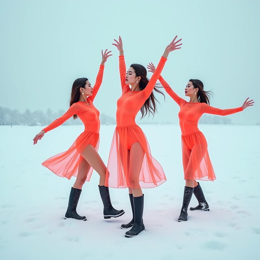 Three hot 30 years girls in icy, on snow dancing, wearing just tiny neon clothes, wearing black rain boots