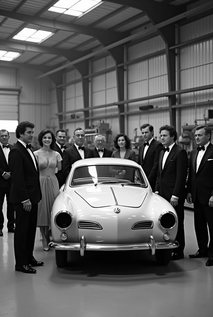 Realistic black and white photography.
The photo takes place in 1980.
The photo shows men and women dressed in formal and elegant clothes..
Some are sitting and some are standing.
Everyone is in a big mechanic shop.
In front of them all, there is a volkswagen karmann ghia being built.