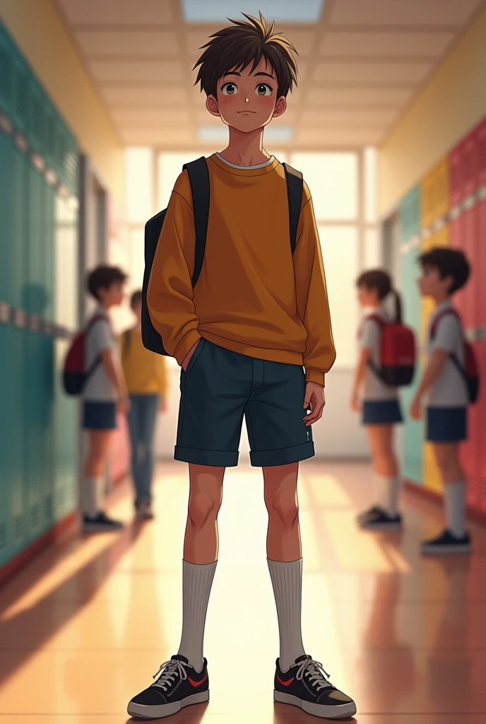 Create a pair of long school socks that are being worn by a full-body age boy