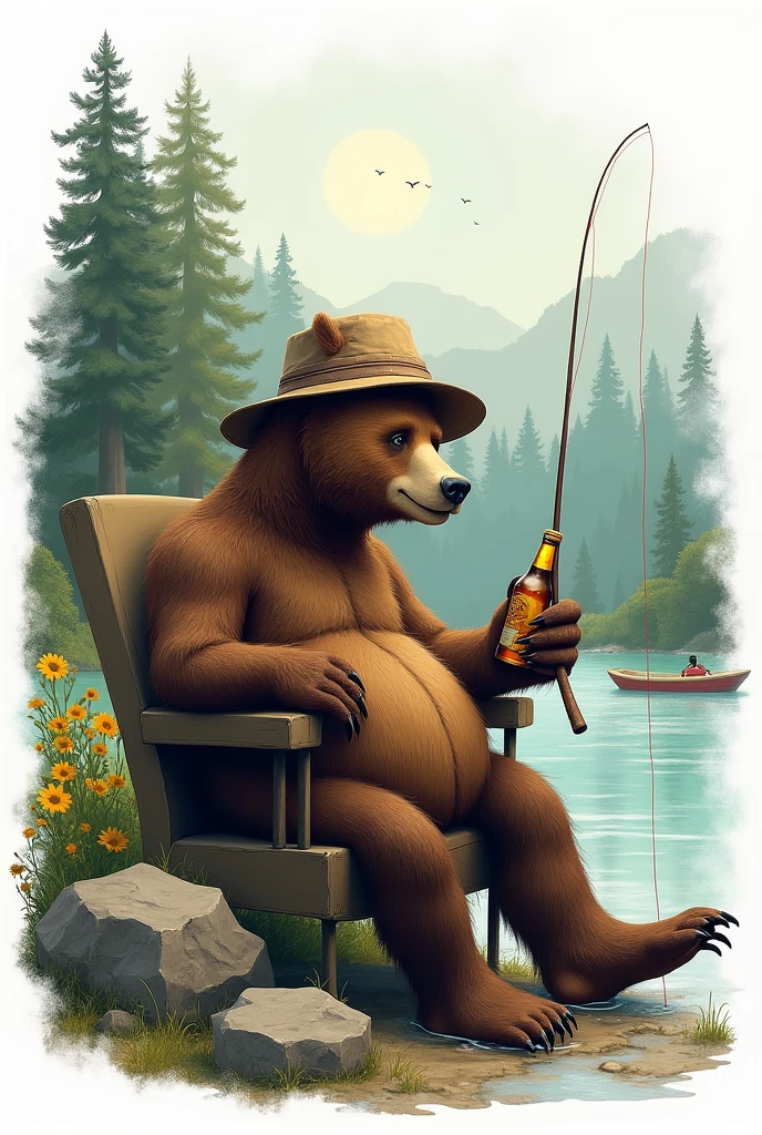 A fishing bear with his fishing rod, well-defined:1.3, sitting on a chair by the river, holding a fishing rod, drinking a beer, wearing a bucket hat, boat nearby, surrounded by a forest and rocks, extremely detaild, funny, surreal satirical scene, white background image.