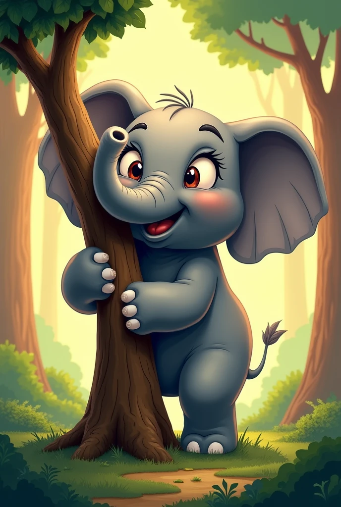 Create a cartoon elephant lifting a tree using its trunk 