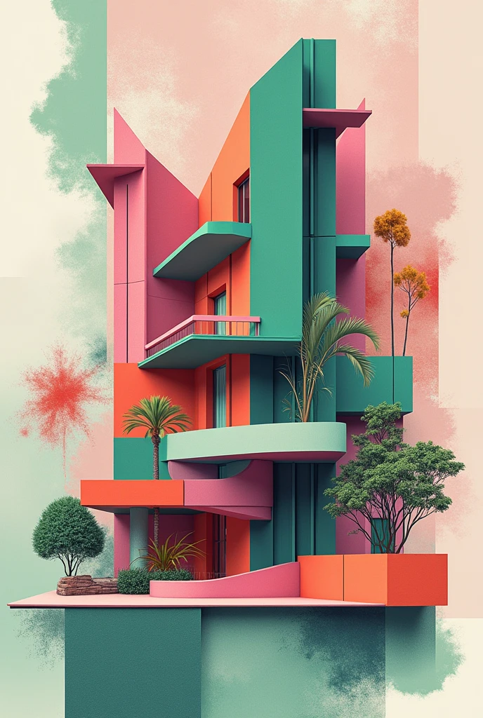Architectural collage based on the Aronoff Center For design and Art, where deconstructivism and pastel pink, green and blue colors are noticeable. Let it be a dynamic composition where pieces of the composition are also fragmented and it looks like an architectural collage of the concept of deconstructivism.