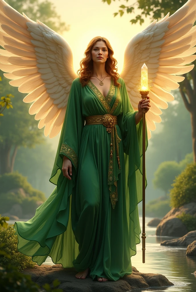 Envision Archangel Raphael, the healer of the heavens, depicted with a gentle and serene presence. He is dressed in flowing emerald green robes, symbolizing healing and renewal, with intricate gold details that catch the light. His wings are wide and soft, glowing with a soothing, warm light that spreads calmness and peace. Raphael holds a staff in one hand, topped with a shining crystal, symbolizing his role as a guide and healer. The background is a tranquil landscape with lush greenery, a calm river, and a soft, golden sunset, creating an atmosphere of harmony and healing. His expression is compassionate and peaceful, radiating divine love and comfort."