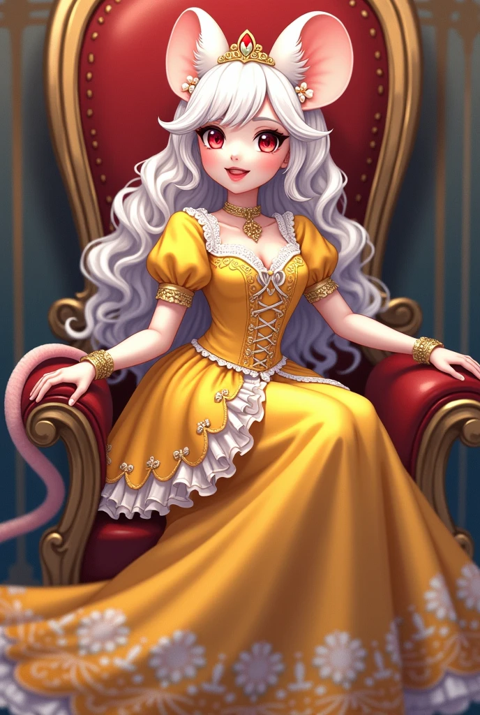(best quality,4k,8k,highres,masterpiece:1.2), ultra-detailed, Pretty anthropomorphic mouse girl has a princess, drawn in anime style, steampunk, wearing a yellow princess mermaid gown with puffy sleeves, steampunk, gorgeous frilly dress design,flowing gown,elaborate lace details,rich textures,contrast stitching,delicate ribbon bows,floral accents, flowers embroidery, full skirt,short sleeves,fitted waistline,flared cuffs,lace-up back,luxurious fabrics,flawless silhouette, long curly white hair and red eyes, white fur, smiling, mouse ears and tail, high heels, white elbow gloves, gold bracelets, tiara made of seashells, red lipstick, eyeshadow, seashell necklace, sitting elegantly on a throne.
