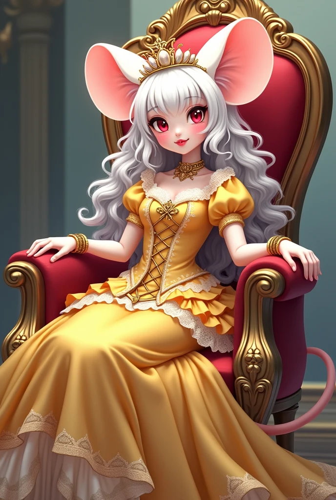 (best quality,4k,8k,highres,masterpiece:1.2), ultra-detailed, Pretty anthropomorphic mouse girl has a princess, drawn in anime style, steampunk, wearing a yellow princess mermaid gown with puffy sleeves, steampunk, gorgeous frilly dress design,flowing gown,elaborate lace details,rich textures,contrast stitching,delicate ribbon bows,floral accents, flowers embroidery, full skirt,short sleeves,fitted waistline,flared cuffs,lace-up back,luxurious fabrics,flawless silhouette, long curly white hair and red eyes, white fur, smiling, mouse ears and tail, high heels, white elbow gloves, gold bracelets, tiara made of seashells, red lipstick, eyeshadow, seashell necklace, sitting elegantly on a throne.
