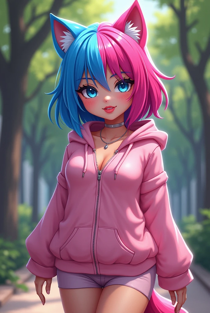 Beautiful round medium breasts, 1girl, ((Neon hair Left blue and right magenta hair, 2 colors , bangs cover the eyes)) ((wolf girl, cute girl face)) light blue eyes, has an beautiful sensual body with freckles, with Beautiful breasts and thin waist, HIP HOP Beautiful and cute pink hoodie, legging shorts fabric delicate, has a bold appearance. young, quality, realistic, best quality, cute expression, pink lipstick lips, Cute smile, In the square with trees