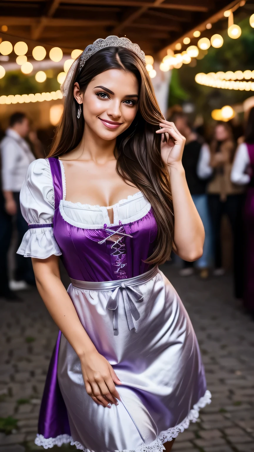 Realistic full body photo of a smiling brunette woman with long hair, She dances in front of the camera in a purple cotton dirndl with straps and a silver satin apron, fine fabrics, Park,glamour fotoshooting, Wedding celebration, perfect anatomy, perfect brown eyes. Perfect hands with 5 fingers on each hand, Matching girl, looking at the camera, 1 Frau. (Eye make up:1.1), (highly detailed skin:1.1), spirit, analog style, keen focus, 8K  UHD, dslr, good quality, Fujifilm XT3, Grain, Award-winning, ​masterpiece. oktoberfest