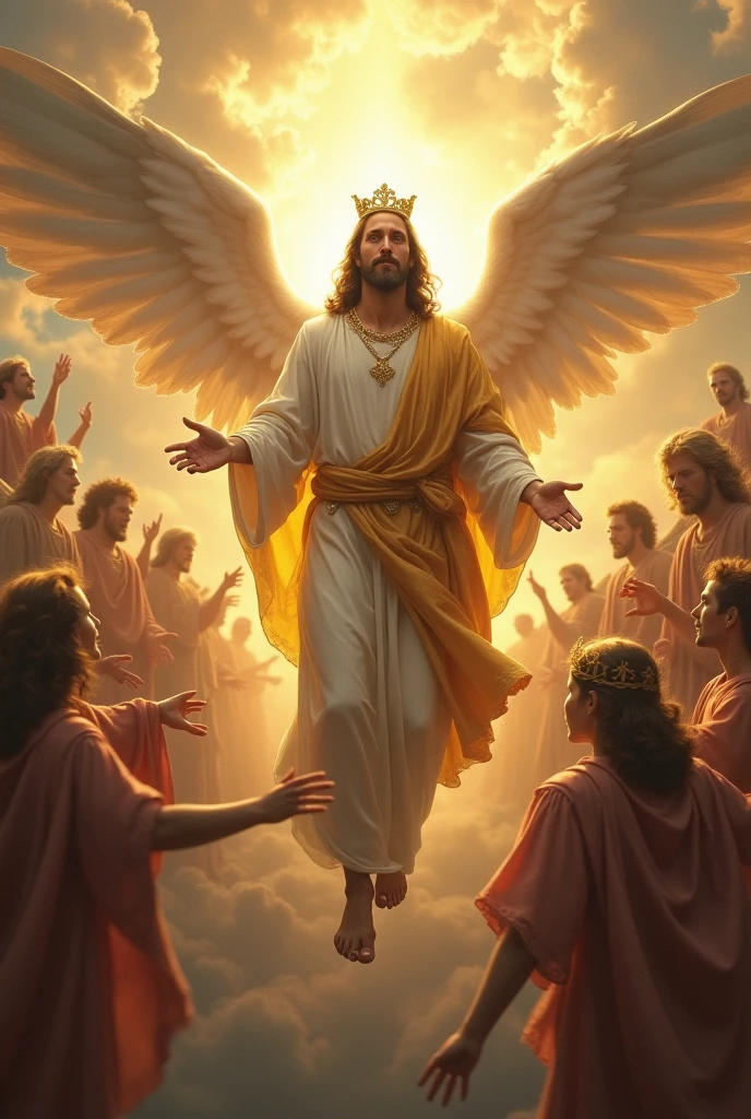 Jesus Christ returning to earth dressed majestically with a king's crown on his head and many angels around him