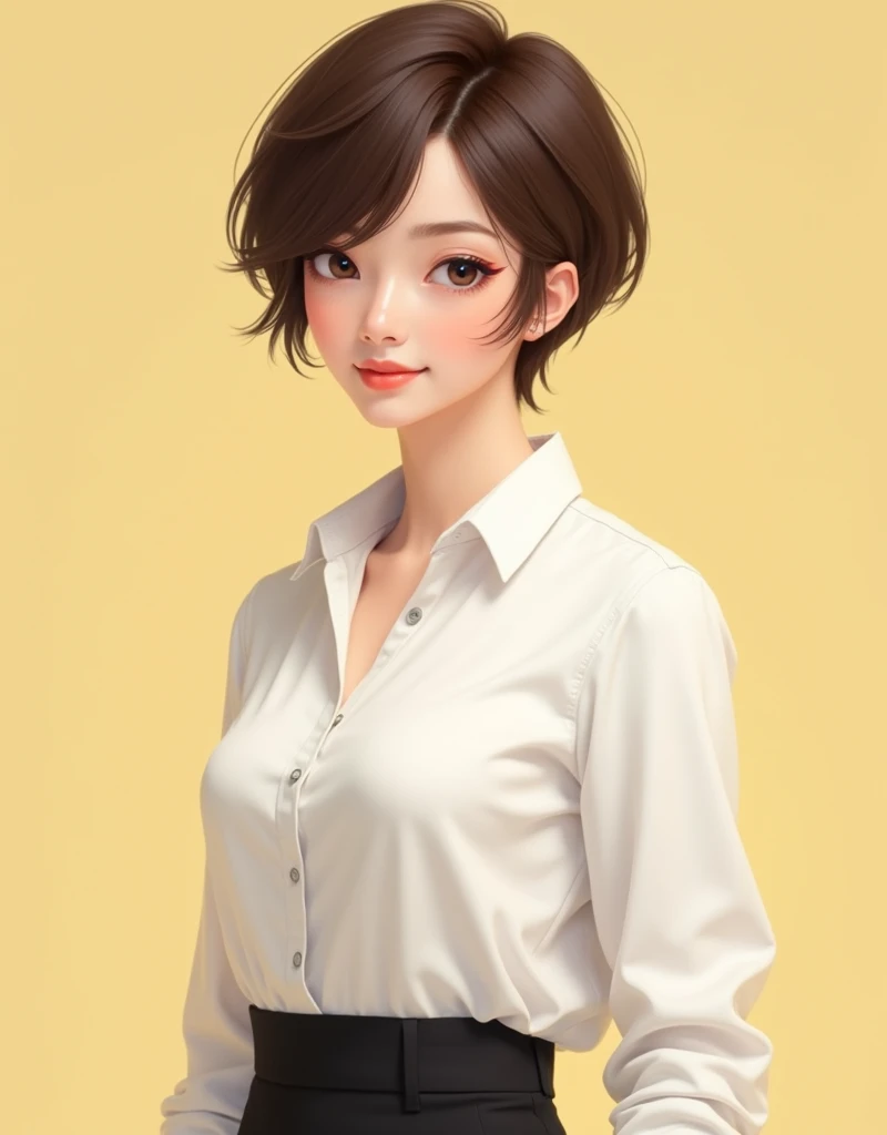 Realistic, beautiful woman pixie layered cut brown hair, wearing white shirt and black pants, light smokey yellow on the background