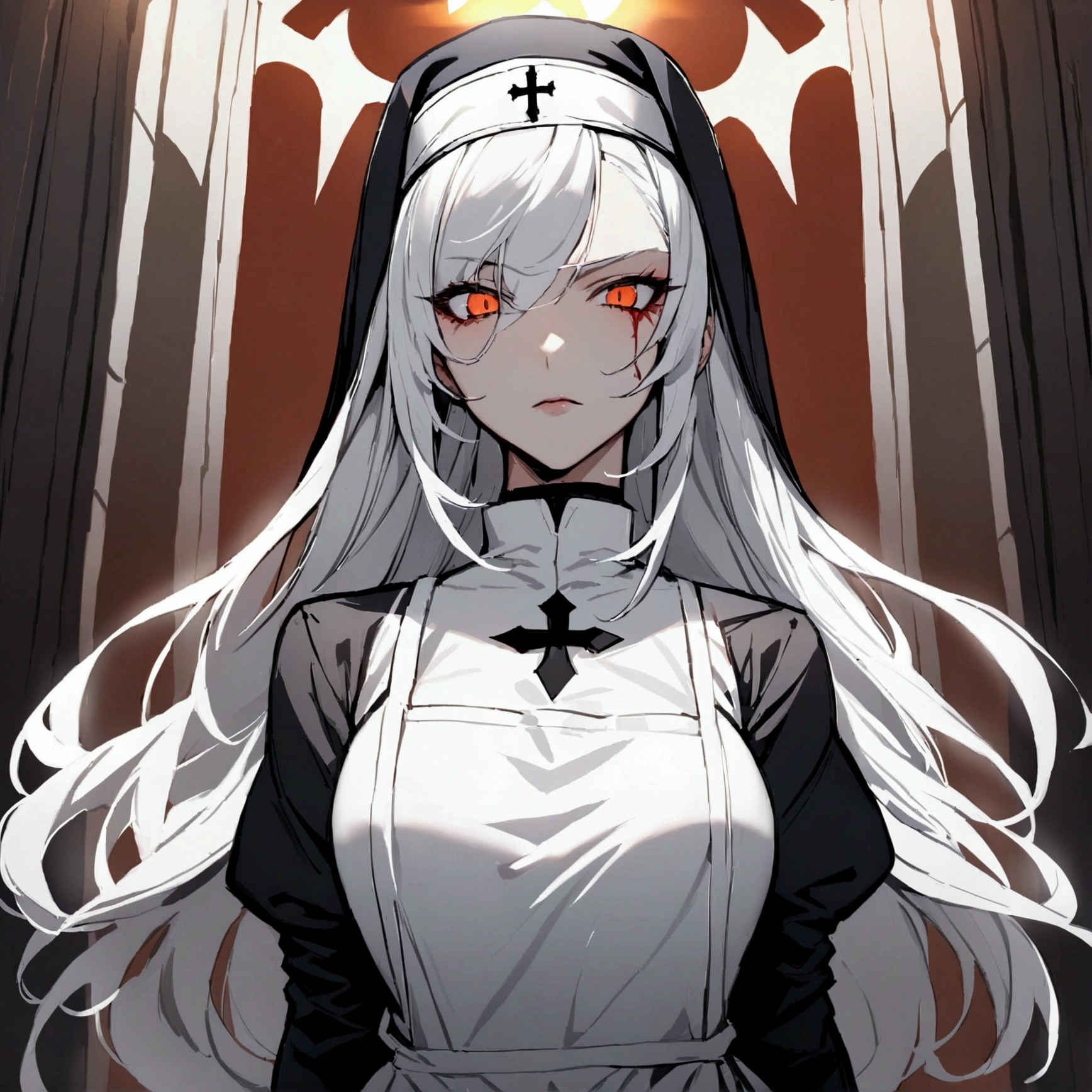 Church background, nun clothes, surgical apron, surgical glove, 1woman, solo, white hair, shining hair, medium-large breast, facing viewer, bloody, arrogant, half body shot,